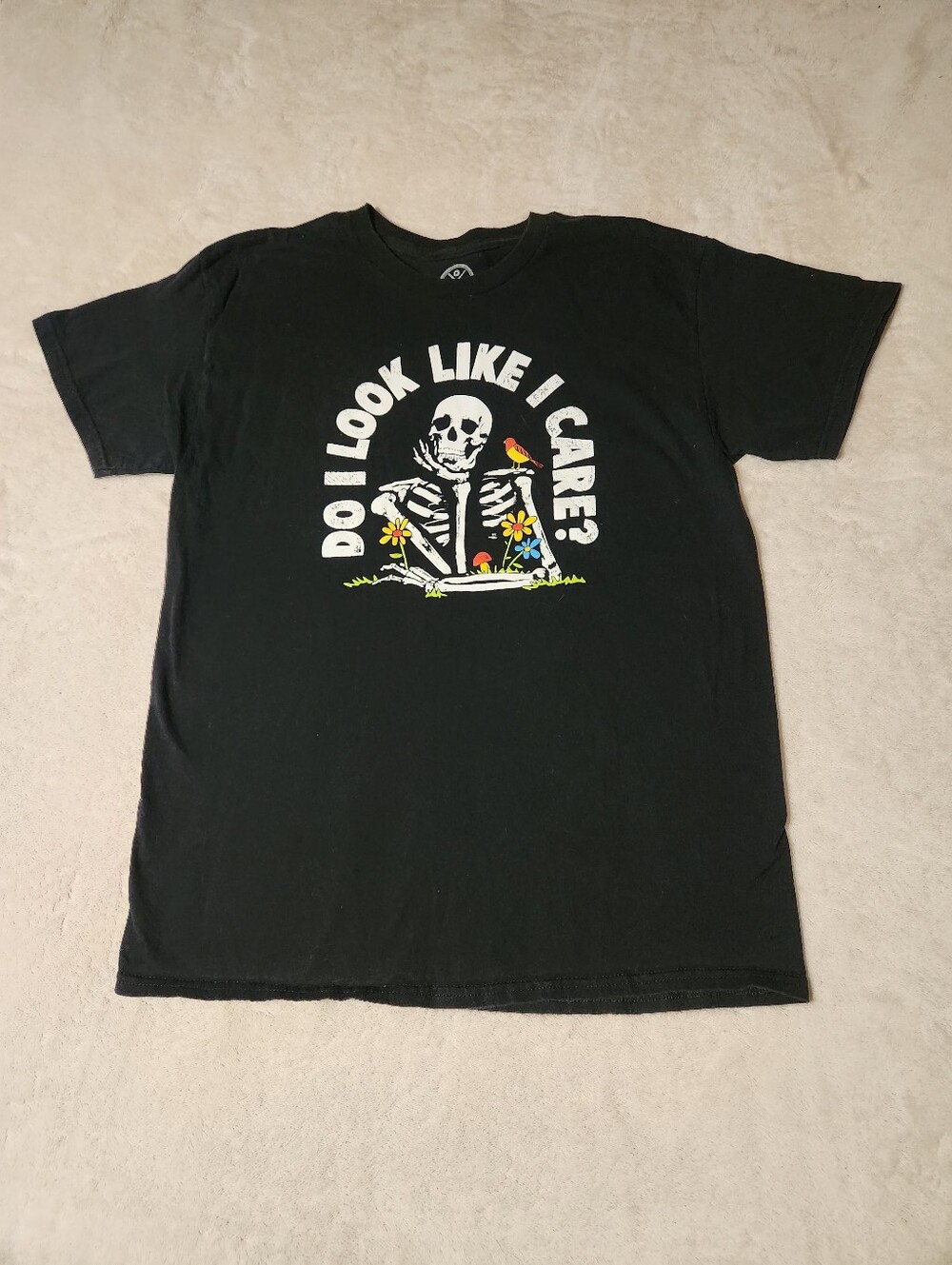 DOM Humor Skeleton Graphic Tee Shirt Men L Do I Look Like I Care Black Skull Got